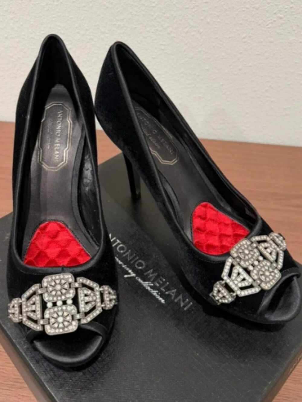 Limited Edition Antonio Melani Luxury Black Velvet Rhinestone Peep-Toe Heels – S